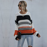 Three Color Patchwork Stripes Knitted Sweater Loose Long Sleeve Autumn