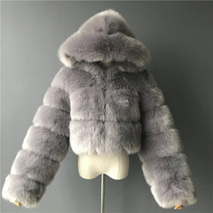 Fur Artificial Fur Fox Fur Hooded Short Faux Coat