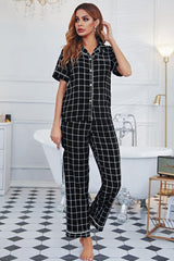 Grid Lapel Collar Short Sleeve Top Pants Pajama Set