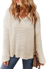 White Knitted V Neck Loose Fit Sweater