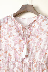 Gestuftes Kleid mit Blumenmuster, Quaste und Krawatte