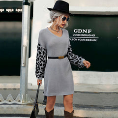 Robe pull à col en V en maille côtelée à imprimé animal