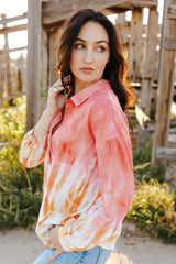 Tie-Dye Quarter-Button Tie Back Collared Top