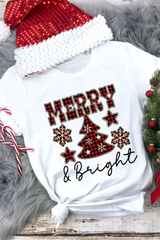 White MERRY Bright Plaid Print Christmas Crewneck Graphic T Shirt