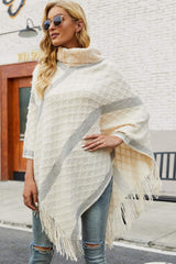 Faux Fur Trim High Neck Ruffled Poncho