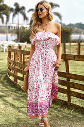 Trägerloses Midikleid im Bohemian-Stil mit Schlitz