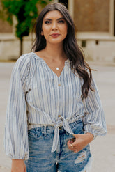 Striped Balloon Sleeve Notched Shirt