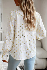 White Abstract V Neck Long Sleeve Shirred Cuffs Blouse
