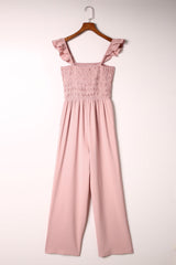 Ruffle Shoulder Smocked Pocket Jumpsuit