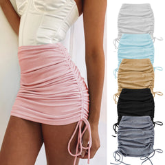 Knitted Threaded Side Drawstring Elastic Pleated Skirt Slim Adjustable Hip Skirt