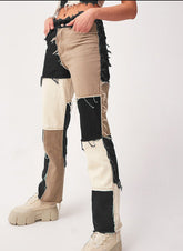 Big Variegated Stitching High Waist Tight Hip Straight-leg Denim Trousers