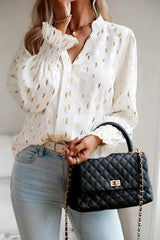 White Abstract V Neck Long Sleeve Shirred Cuffs Blouse
