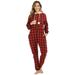 Cotton Plaid Hooded Jumpsuit Home Wear Pajamas
