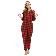 Cotton Plaid Hooded Jumpsuit Home Wear Pajamas