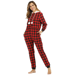 Cotton Plaid Hooded Jumpsuit Home Wear Pajamas