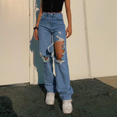 Pantalon en jean déchiré pour prise de vue dans la rue, pantalon cool, taille haute, pantalon droit