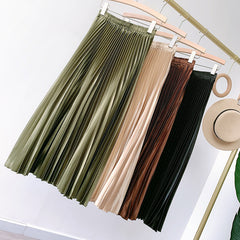High Waist Satin Metallic Pleated Skirt Retro Mid-Length Slimming A- line Skirt