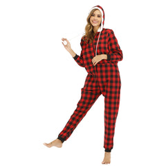 Cotton Plaid Hooded Jumpsuit Home Wear Pajamas