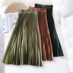 High Waist Satin Metallic Pleated Skirt Retro Mid-Length Slimming A- line Skirt