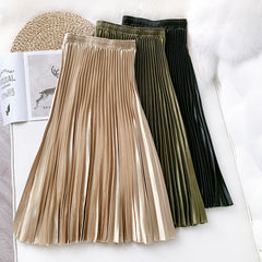 High Waist Satin Metallic Pleated Skirt Retro Mid-Length Slimming A- line Skirt