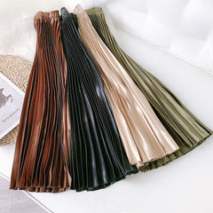 High Waist Satin Metallic Pleated Skirt Retro Mid-Length Slimming A- line Skirt