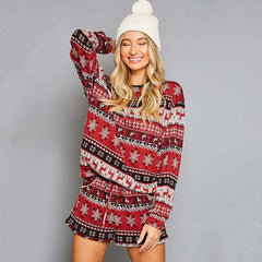 Bedruckter, langärmliger, lockerer Weihnachts-Loungewear-Anzug