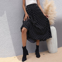Slim Fit Show Thin Black Mid-length Pleated Polka Dot Skirt
