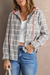 Karierte Hemdjacke mit Kapuze und Kordelzug