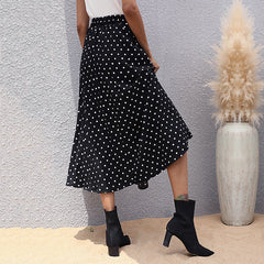 Slim Fit Show Thin Black Mid-length Pleated Polka Dot Skirt