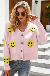 Cardigan à col en V et bordure côtelée Smiley Face