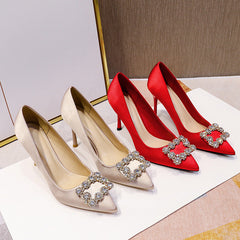 Women's Rhinestone High Stiletto Satin Banquet Marriage Heels