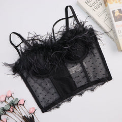 Feather Camisole Outer Wear Chest Pad Short Inner Slimming Lace Bandeau One Shoulder Disco Top