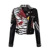 Modischer BrCoat Personalisierter Graffiti-Ledermantel Farbkontrast Kurze, schlanke Lederjacke Nieten-Motorrad-Ledermantel