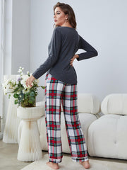 Buttoned Long Sleeve Top Plaid Pants Lounge Set