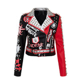 Manteau slim fit flatteur pour la silhouette, veste courte en cuir, imprimé graffiti, couleur contrastée, manteau de moto en cuir synthétique