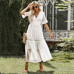 Short Sleeve Dress Solid Color Lace V-neck Maxi Dress