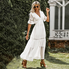 Short Sleeve Dress Solid Color Lace V-neck Maxi Dress