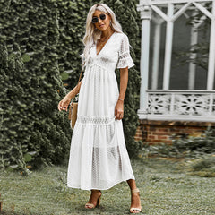 Short Sleeve Dress Solid Color Lace V-neck Maxi Dress