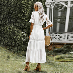 Short Sleeve Dress Solid Color Lace V-neck Maxi Dress