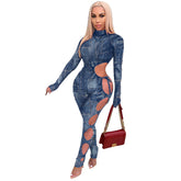 Wear Imitation Denim Printing Unilateral Hollow Out Cutout out Strap Nightclub Casual Jumpsuit