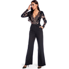Retro Long Sleeve Sequin Stitching Jumpsuit