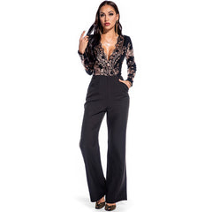 Retro Long Sleeve Sequin Stitching Jumpsuit
