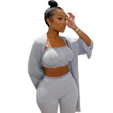 Home Wear Einfarbiger lässiger Spitzenhosen-Pyjama Dreiteiliges Set