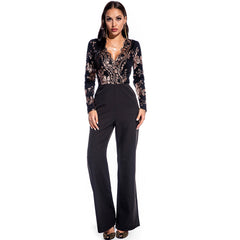 Retro Long Sleeve Sequin Stitching Jumpsuit