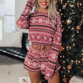 Bedruckter, langärmeliger, lässiger Loungewear-Schlafanzug für Weihnachten