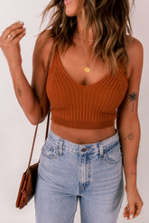 Geripptes, kurzes Strick-Camisole mit U-Ausschnitt