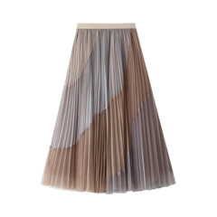 Stitching Pleated Mesh Skirt Stretch Elastic WaistbSlimming Mid-Length A- line Large Hem Skirt Winter
