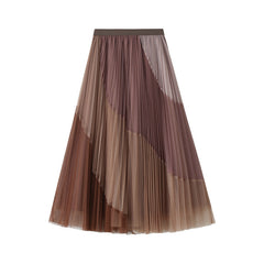 Stitching Pleated Mesh Skirt Stretch Elastic WaistbSlimming Mid-Length A- line Large Hem Skirt Winter