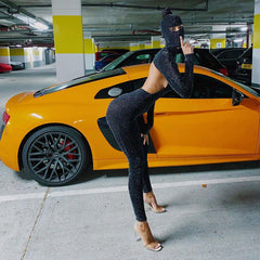 Langärmliger, hochgeschlossener, rückenfreier, hüfthoher, enger Sport-Jumpsuit