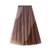 Stitching Pleated Mesh Skirt Stretch Elastic WaistbSlimming Mid-Length A- line Large Hem Skirt Winter